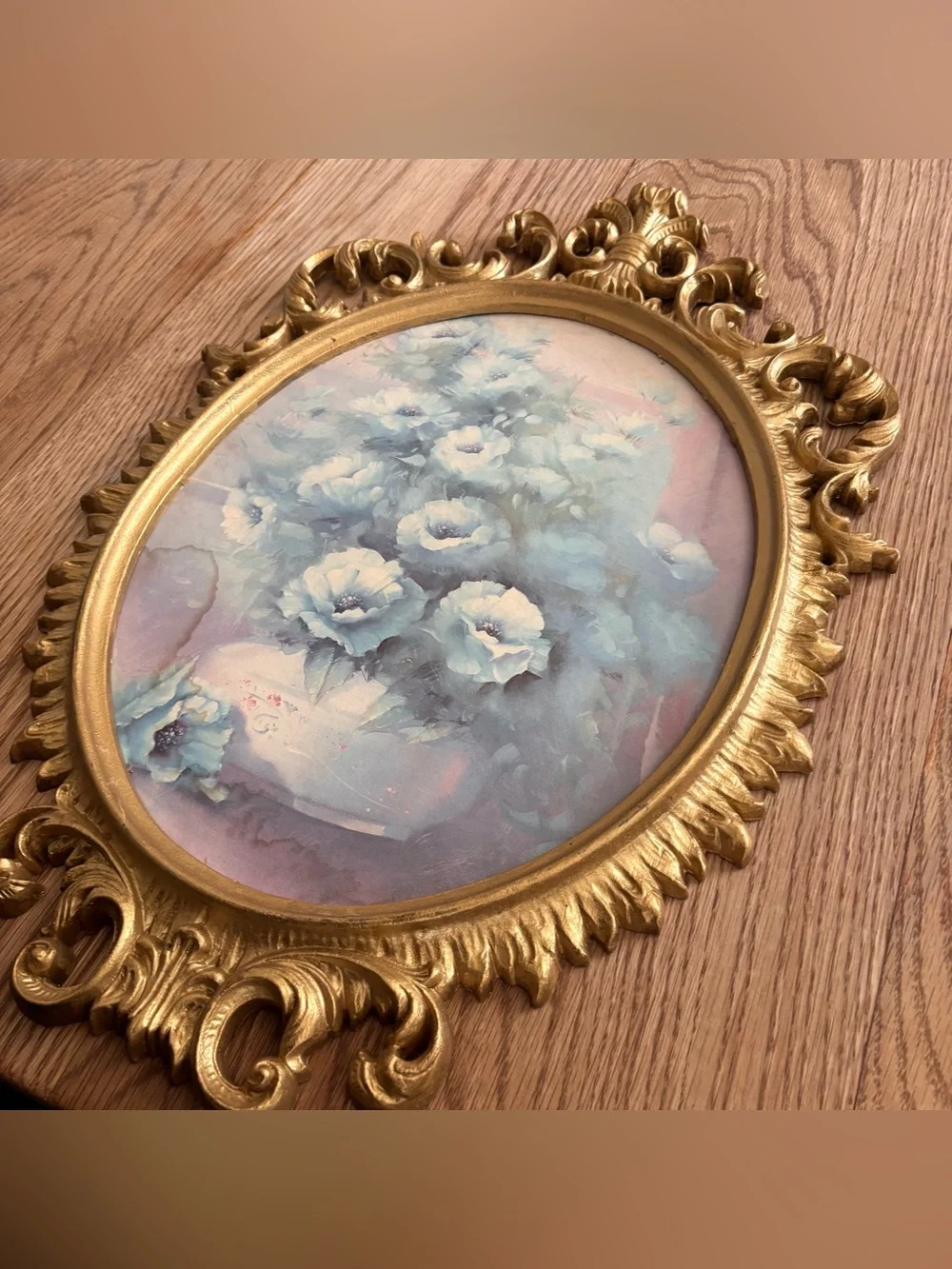 Vintage Ornate Gold Framed Blue Floral Wall Art